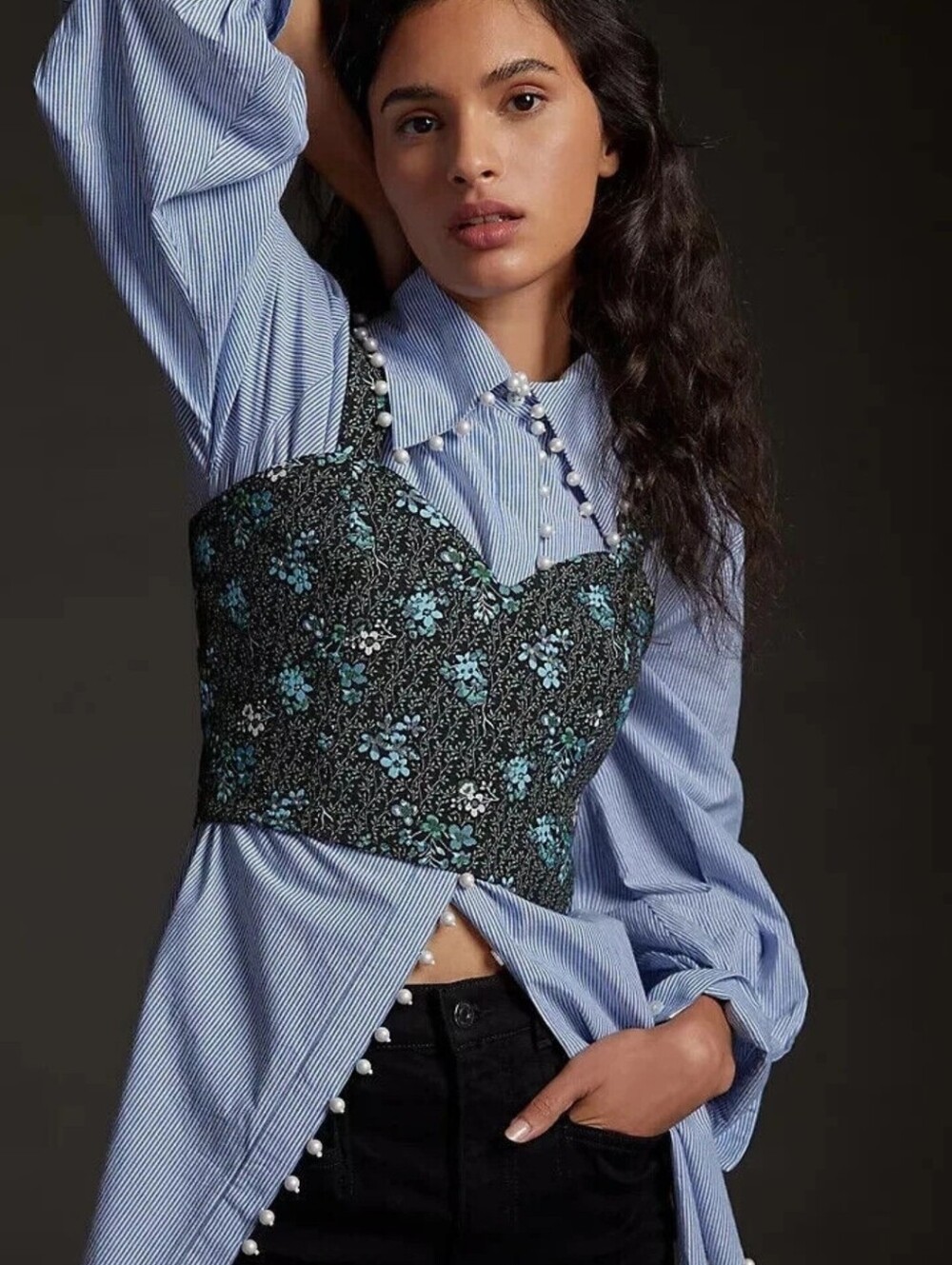 Sachin & Babi Corset Crop Top Blue Black Tapestry Jacquard Anthropologie Small